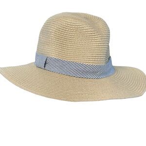 Banana Republic Beige Straw Fedora Striped Ribbon Ban Hat Size S/M
